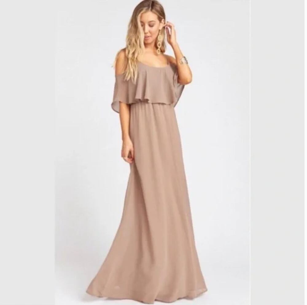 SHOW ME YOUR MUMU | Caitlin Ruffle Maxi Dress Dune Chiffon | Size Large